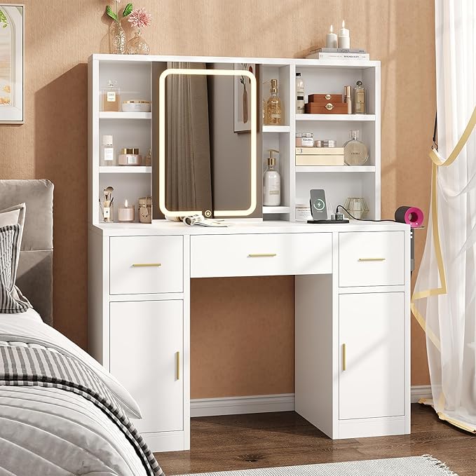 Vanity Desk with Sliding Mirror & LED Lights, Smart Makeup Table with Charging Station, Hairdryer Holder, 7 Shelves, 3 Drawers, 2 Cabinets, Vanity with Extra Hidden Stroage for Bedroom,White