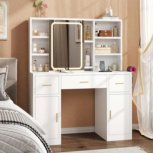 Vanity Desk with Sliding Mirror & LED Lights, Smart Makeup Table with Charging Station, Hairdryer Holder, 7 Shelves, 3 Drawers, 2 Cabinets, Vanity with Extra Hidden Stroage for Bedroom,White