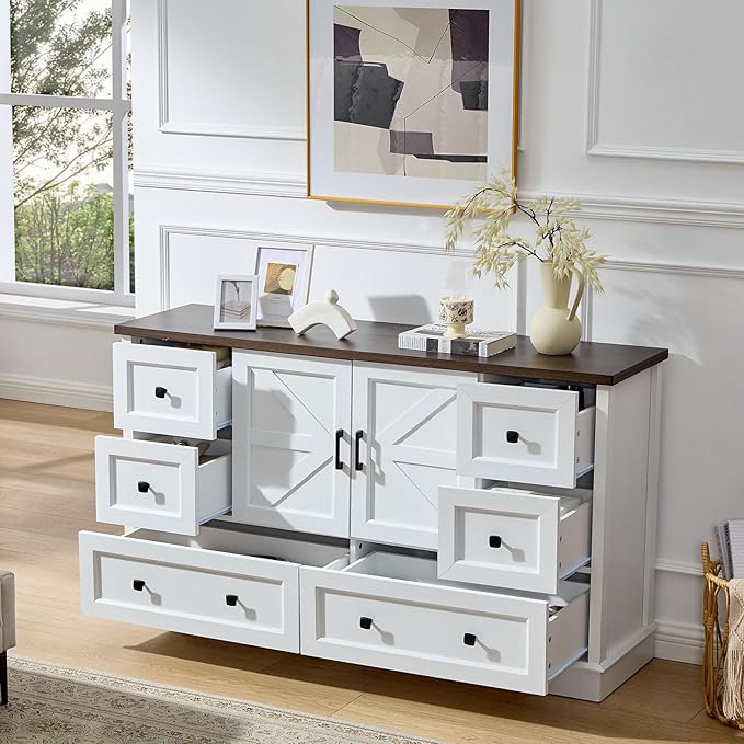 SOOWERY Dresser for Bedroom, Farmhouse Dresser with 6 Wooden Drawers and Storage Cabinet, 55 Inches Wide Chest of Drawers for Bedroom, Living Room, Hallway, White