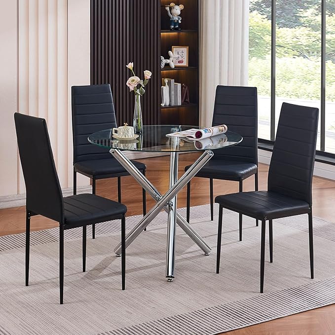 5-Piece Round Glass Dining Table Set for 4 Modern Kitchen Table with 4 Dining Chairs Set Round Circle Table and PU Upholstered Chairs Set for Small Space (Silver Black, 5 Pieces Set)