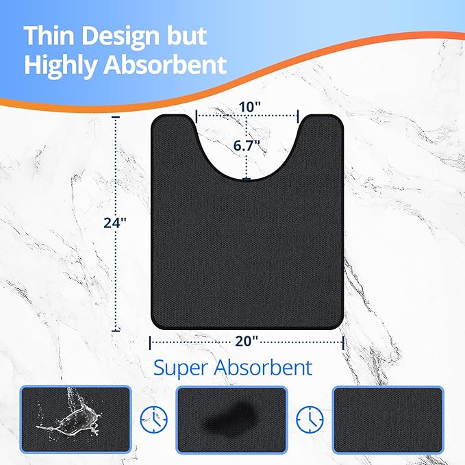 Toilet Rugs U Shaped Washable 24x20, Ultra Thin Toilet Rug Super Absorbent, Toilet Mat Rubber Backing Non-Slip, Toilet Mats Machine Washable Dry Quickly, Contour Bathroom Shower/Kids-Black