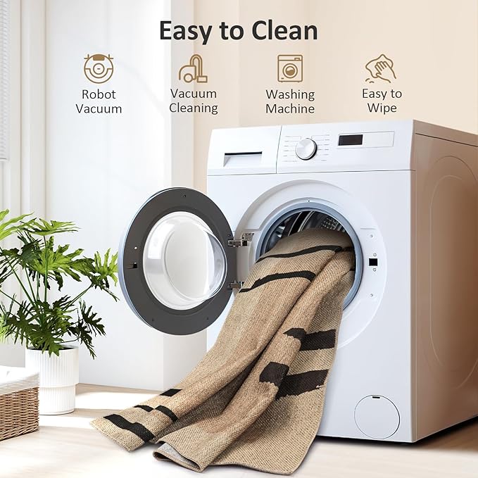 Easy Jute Area Rug 8x10, Large Living Room Washable Rug Indoor Outdoor Patio 8x10 Carpet, Farmhouse Irregular Pattern Throw Non Slip Black Carpet for Backyard Dining Room, Brown/Black