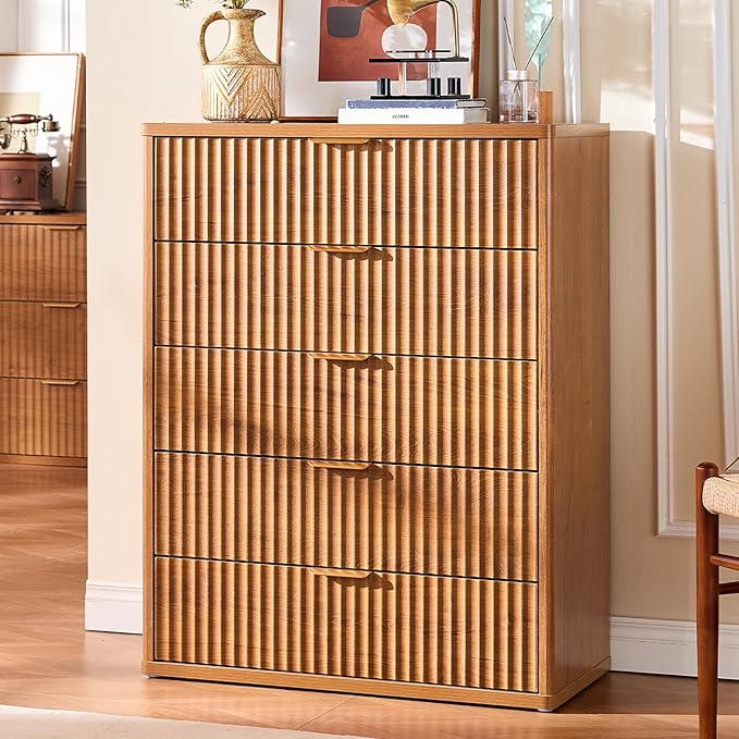 LEYAOYAO Fluted 5 Drawers Dresser Set of 2, 41" Tall Modern Chest of Drawers with Metal Handle, Curved Profile Dresser TV Stand, Wooden Drawer Organizer for Bedroom, Living Room, Hallway, Navy Blue