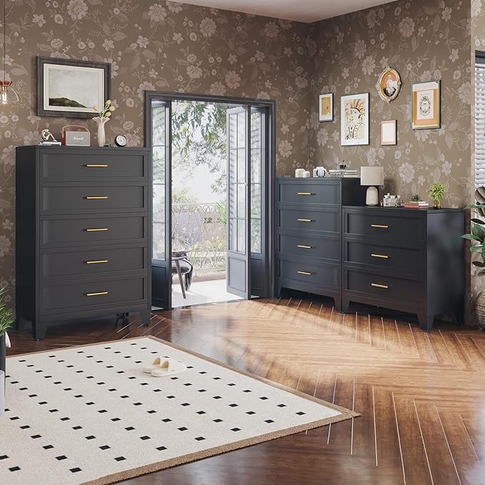 34.25" Tall Metal Dresser for Bedroom, 3 Drawer Black File Cabinet with Gold Handles, Dressers Chests with Fluted Panel, Vertical Drawer Storage Cabinet for Living Room, Entryway, Hallway