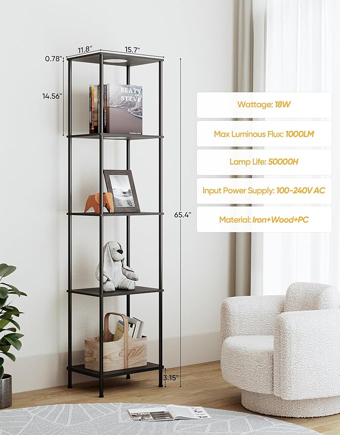 Display Shelf with RGBW Light, Color Changing Curio Cabinet Floor Lamp with Shelves Corner Standing Column Lamp Etagere Organizer Tower Nightstand Bookcase for Living Room Bedroom Office Décor Black