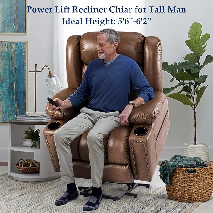 Large Power Lift Chair Recliner for Elderly with Heated and Massage, Overstuffed Adjustable Lift Chair, 3 Position, Breathable Leather, USB-A&USB-C, Cup Holder (Tall Man-7523, Chocolate)