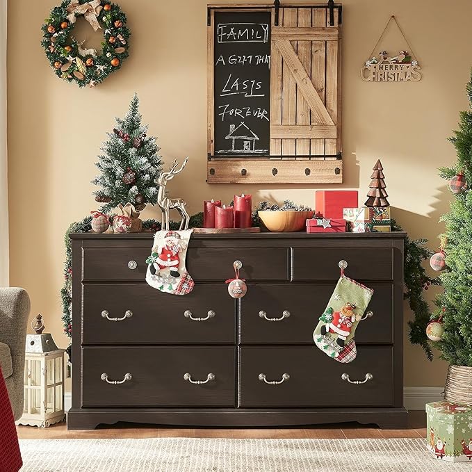 AMERLIFE 7 Drawers Dresser for Bedroom, Farmhouse Chest of Drawers with Vintage Metal Handle, Wooden Dresser Organizer for Hallway, Espresso