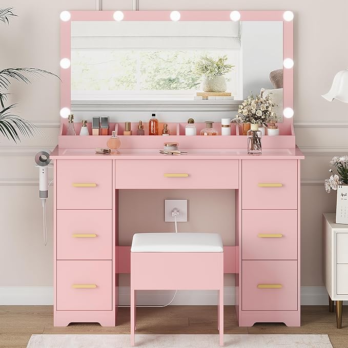 Makeup Vanity Desk with Mirror and Lights, Glass Top Vanity with 38" Lighted Mirror & Charging Station, Large Vanity Mirror with Lights Desk and Chair for Girls 3 Lightings Mode Adjusted, Pink
