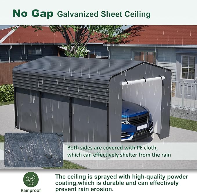 Metal Carport Kit 10x15 FT Heavy Duty Galvanized Garage Shed for Car Truck Boat Outdoor All Weather Sunshade Canopy Tent Car Shelter with Tarpaulin Sidewalls Enhanced Base Sloped Top