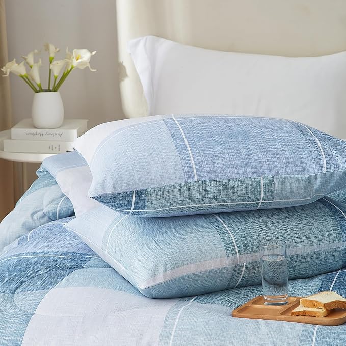 mixinni King Comforter Set 3 Piece Modern Buffalo Checkered Lightweight Comforter Geometric Plaid Pattern Blue Bedding Set for Women and Men-King Size