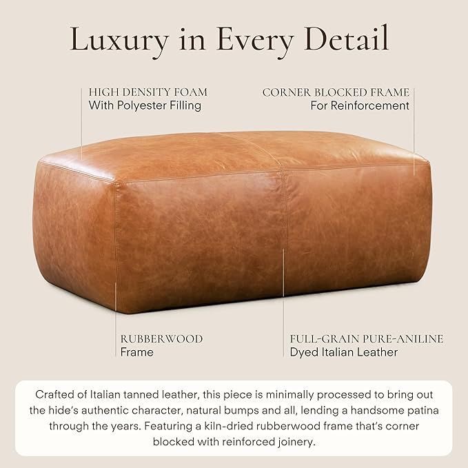Poly & Bark Denver Ottoman – 43" Large Pouf with Feather-Down Topper – Full-Grain Leather Upholstered Pouf Ottoman for Living Room – Vintage Italian Leather in Cognac Tan