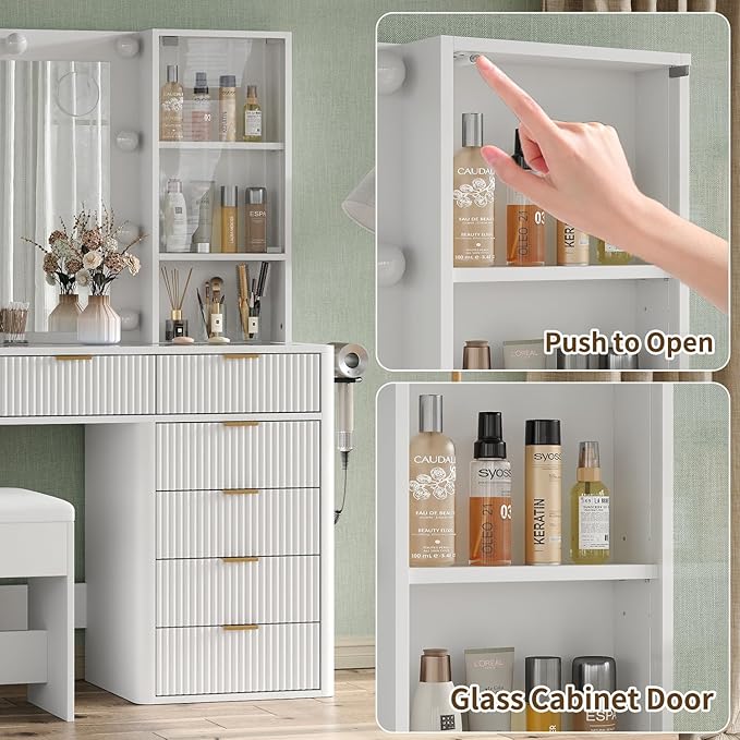 7 Drawers Fluted Vanity Desk with Charging Station, 47'' W Makeup Vanity with LED Lights and HD Mirror, 3 Lighting Modes Adjustable, Glass Top, Vanity Set for Bedroom,White