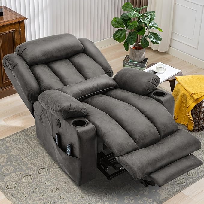 MEETWARM Oversized Dual Motor Lay Flat Power Lift Recliner Chair for Big Elderly with Heat Massage, Large Sleeping Electric Recliner with Extended Footrest, Lumbar Pillow, USB & Type-C Ports, Gray