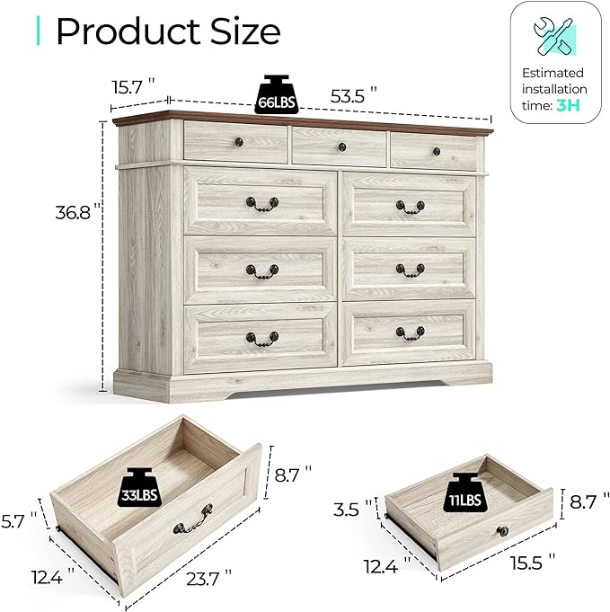 LINSY HOME Farmhouse 9 Drawers Dresser for Bedroom, Wood Bedroom Dresser Wide Chest of Drawers, French Country Storage Double Dressers Organizer for Closet, Living Room, Beige