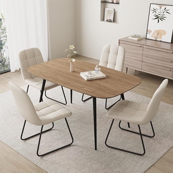 47.2'' Dining Table Set for 4,Modern Wood Dining Table,Leather Dining Chairs 4,Table and Chairs Set of 4,Ideal for Kitchen Dining Room (Walnut Color Table + 4 U-Shaped White Chairs, 47.2")