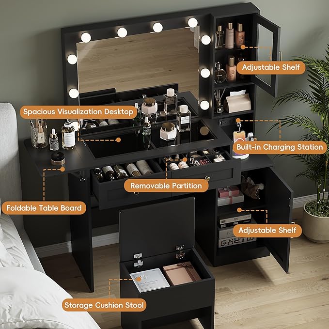Makeup Vanity Desk with Mirror and Lights, Black Vanity Table with LED Lighted Mirror & Power Outlet, Dressing Table with Chair, Large Storage Drawer & Cabinet, and Foldable Panel for Girls’ Bedroom