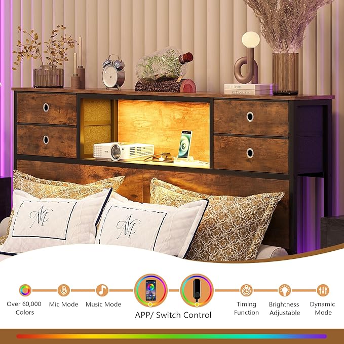 GiftGo Queen Size Headboard with 4 Fabric Storage Drawers Charging Station LED Light Adjustable Height Storage Rack Sturdy and Stable Metal Frame & Wood Shelf (Rustic Brown, Queen (U.S. Standard))