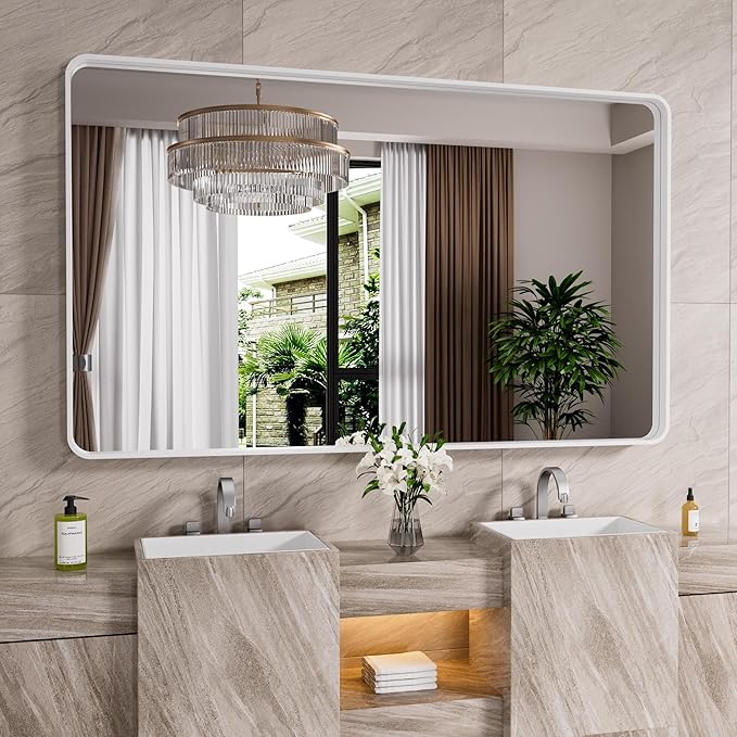 White Bathroom Mirror 55x36 Inch, White Metal Framed Bathroom Mirror for Wall, Rounded Rectangle Matte Bathroom Vanity Mirror, Tempered Glass, Anti-Rust, Horizontal/Vertical