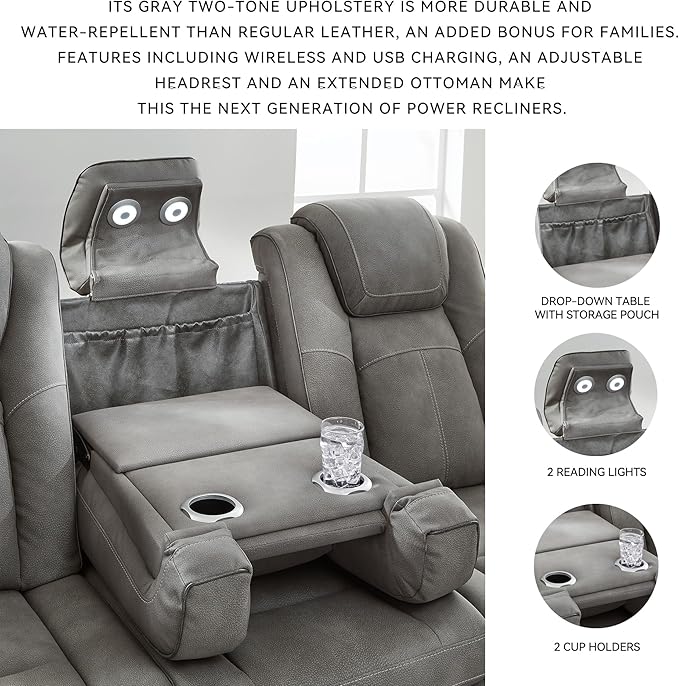 Signature Design by Ashley Next-Gen DuraPella Modern Faux Leather Power Reclining Sofa with Adjustable Headrest, Gray