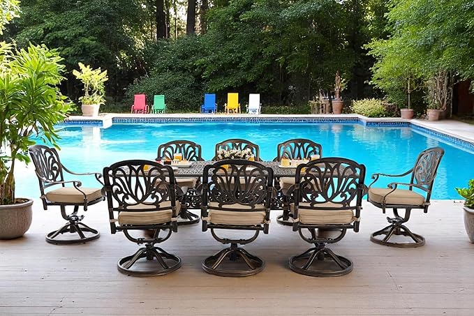 9 Piece Outdoor Dining Set Cast Aluminum, Retro Patio Dining Furniture Set for 8 Includes 86.6’’ Rectangular Table 8 Swivel Chairs with Thicker Cushion and Umbrella Hole for Patio Deck Garden