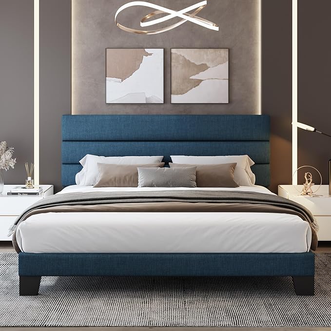 WEEWAY King Bed Frame Platform Bed with Linen Fabric Upholstered Headboard and Wooden Slats Support, Heavy Duty Mattress Foundation, No Box Spring Needed, Easy Assembly, Navy Blue