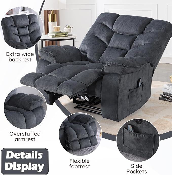 Oversized Electric Recliner Chair with Massage and Heat, 41" Wide Power Reclining Chairs with USB Port, Breathable Fabric Overstuffed Reclining Sofa for Living Room Bedroom (No Lift)