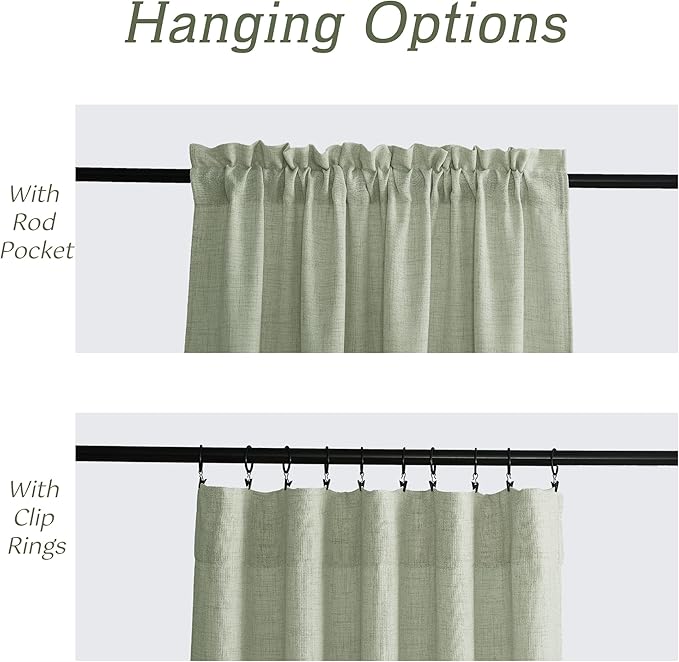 RYB HOME Linen Sheer Curtains and Drapes for Living Room and Dining Room 96 inches Length, Breathable Weave Textured/Rod Pocket Semi Sheer Curtains, Sage Green, W 52 x L 95 inches, 2 Panels Set
