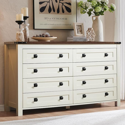 T4TREAM Farmhouse 8 Drawers Dresser for Bedroom, Rustic Wood Wide Double Dresser TV Stand for Living Room, Hallway, Antique White