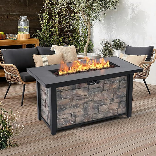 48'' Propane Fire Pit Table, 50000 BTU Outdoor Gas Fire Pit, with Stone Panel, Ceramic Tabletop & Aluminum-Coated Steel Tube Legs, Lava Rocks, Metal Lid and Rain Cover for Outside Patio