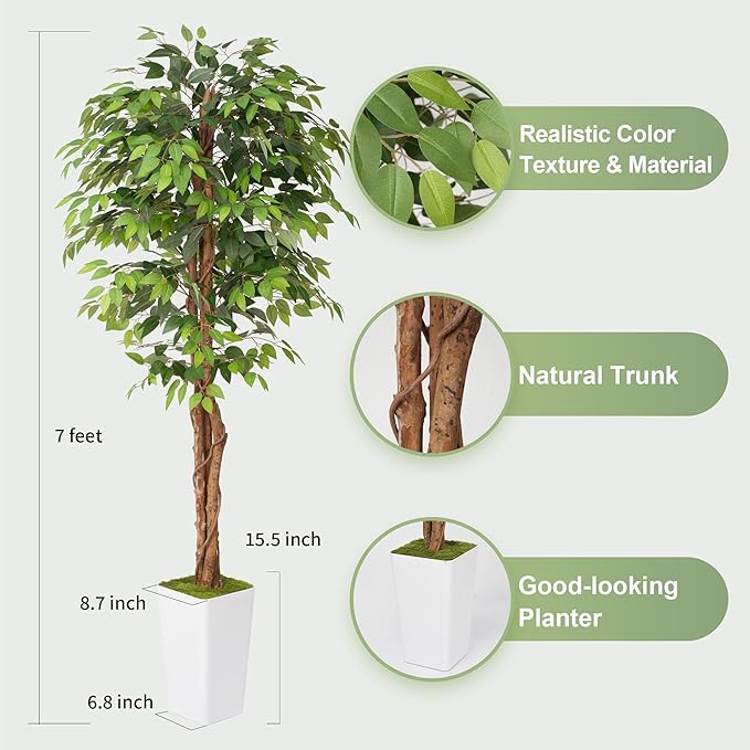Artificial 7Ft Ficus Silk Tree with Tall Planter - Faux Plants Indoor with Natural Wood Trunk - Large Tall Fake Plants for Home Office Living Room Patio Decor
