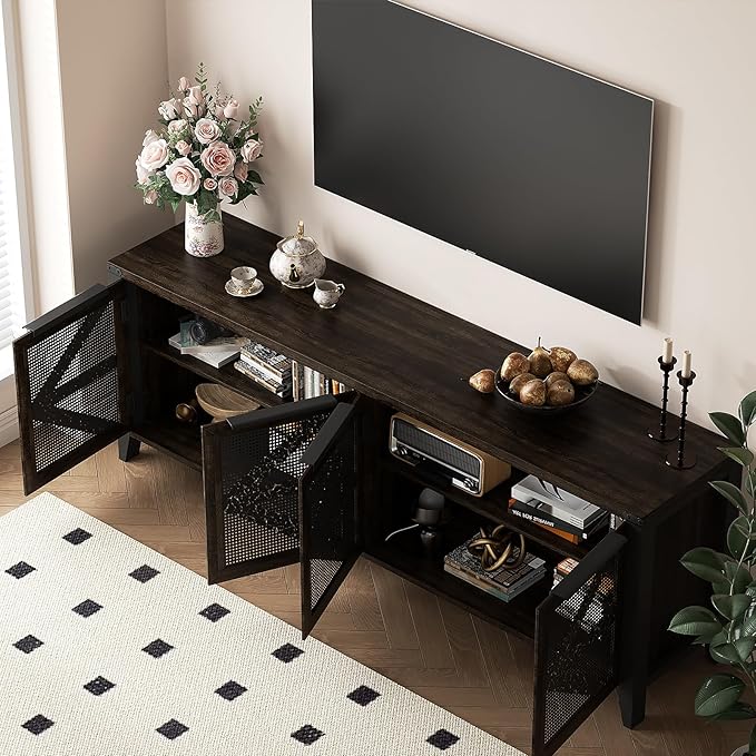 VFK 70 Inch Farmhouse TV Stand for 75 Inch TV, Rustic Entertainment Center with 4 Doors, Wood Media Console Cabinet with Storage, Living Room TV Cabinet