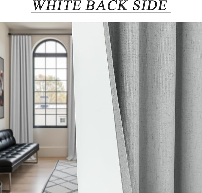 Elegant Light Grey 100% Black Out Curtains 96 Inch Length 2 Panel for Living Room Darkening White Back Tab Thermal Insulated Long Drape Complete Blackout Linen Textured Curtain for Bedroom Dove Gray