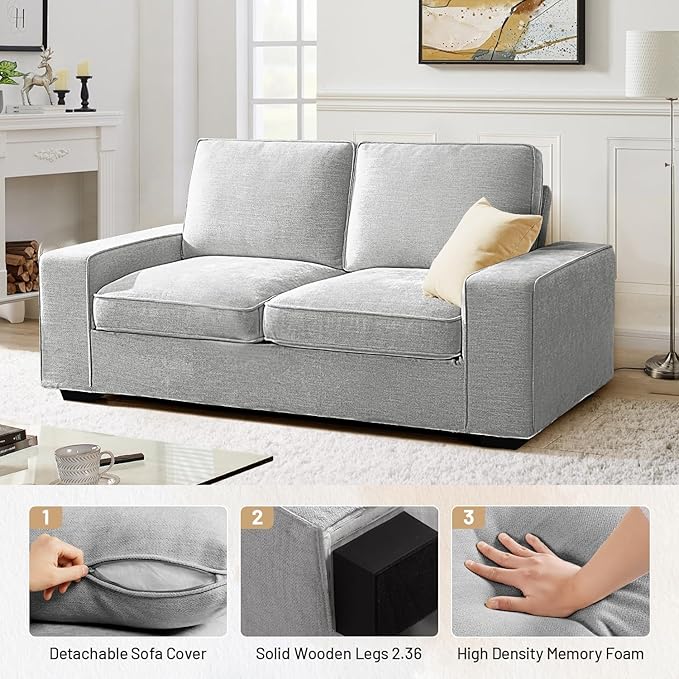 EASELAND 71.25" Loveseat Sofa Couch for Living Room, Chenille Modern Sofa Couch, Deep-Seated Sofa with Solid Wood, Metal and Removable Cover Easy to Install (2 Seats, Grey)
