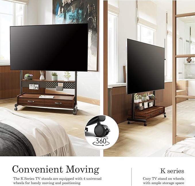 FITUEYES Rolling TV Stand with Drawers for 70 to 100 Large TV Screens，Mobile TV Floor Stand on Wheels with Ample Storage Pegboard & Wooden Shelf, Rolling TV Cart Hold up to 176 lbs, Max VESA 850 x 600