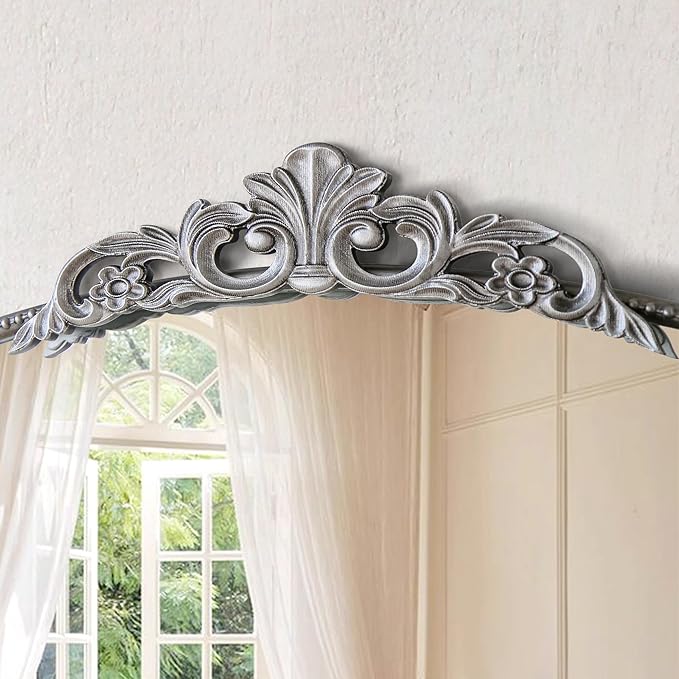 Micasso Arched Mirror, Traditional Vintage Ornate Mirror, 31" x 19" Antique Baroque Silver Wall Mirror for Bathroom Bedroom Living Room