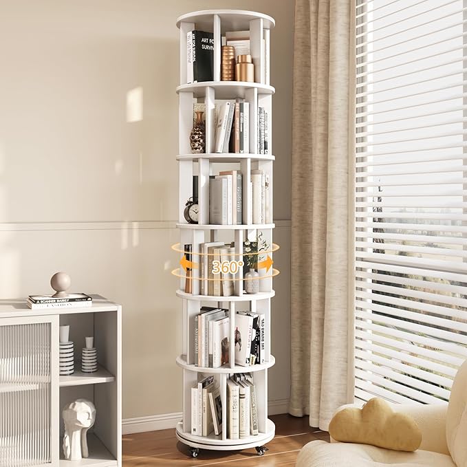 6 Tier Bookshelf Tower, 360° Solid Wood Spinning Bookcase with Swivel Wheels, Floor Standing Book Shelf for Small Space, Bookshelf for Home Office Study Room Bedroom Living Room