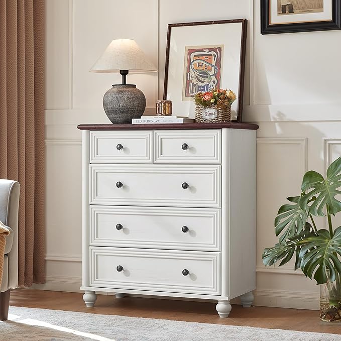 Farmhouse 5 Drawer Dresser for Bedroom, 35.5" Tall Small Dressers & Chest of Drawers, Rustic Wood Dresser with Roman Column, Storage Organizer for Living Room, Hallway, Closet (White)