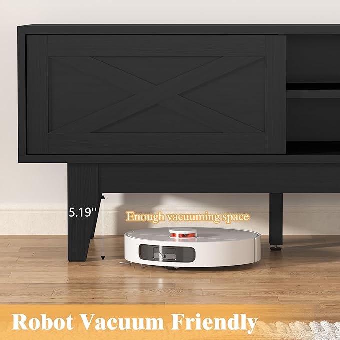 Wooden TV Stand for 55 65 70 inch TV, Long & Large TV Media Console Table with Storage Cabinets, Boho Farmhouse Entertainment Center for Living Room, Bedroom - Black