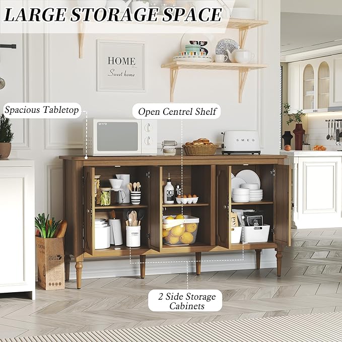 Vintage Buffet Sideboard Cabinet with 4 Doors, 59" Mid Century Modern Storage Cabinet with Shelf, Decorative Accent Credenza TV Stand (Brown)