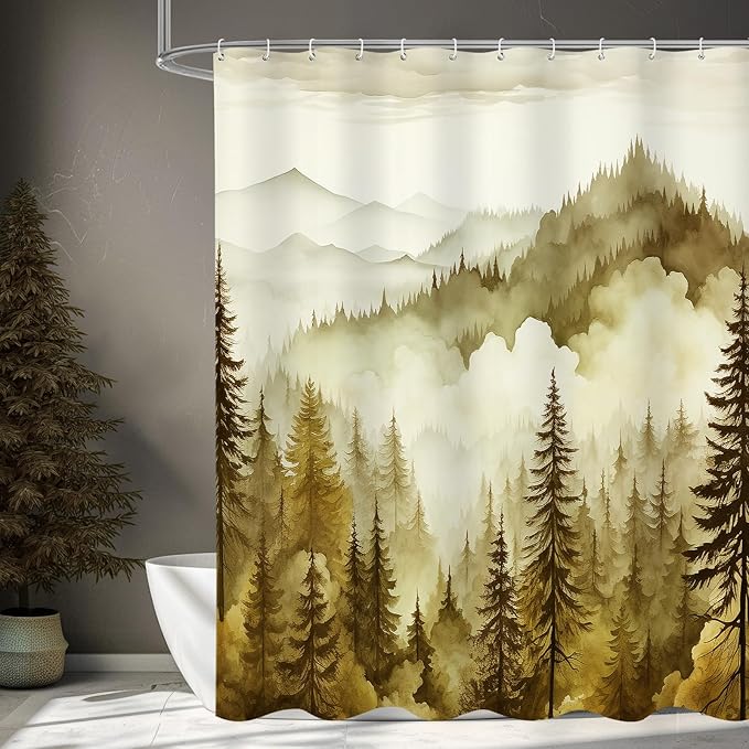 Yellow Long Misty Pine Forest Shower Curtain 72 x 78, Mountain Foggy Woodland Scenery Tree 78 Inch Long Shower Curtains for Bathroom, Abstract Waterproof Nature-Themed Decor