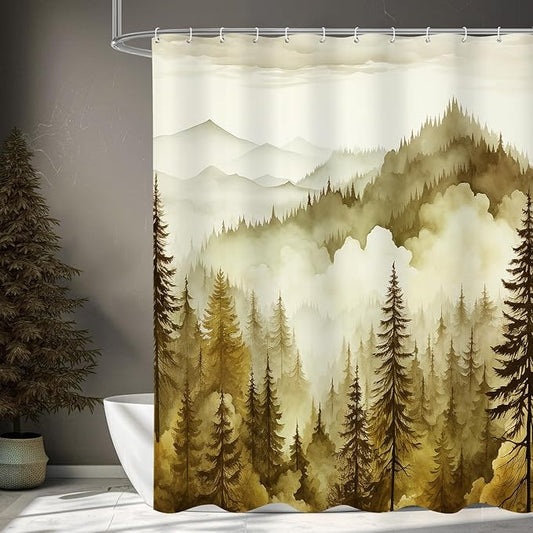 Yellow Long Misty Pine Forest Shower Curtain 72 x 78, Mountain Foggy Woodland Scenery Tree 78 Inch Long Shower Curtains for Bathroom, Abstract Waterproof Nature-Themed Decor