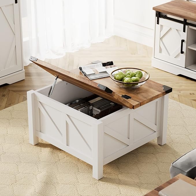 WAMPAT Farmhouse 65 in TV Stand and Coffee Table Set, Entertainment Center for TVs Up to 65", 30" Square Wood Center Table with Gas Spring Flip-Top for Living Room,Antique White