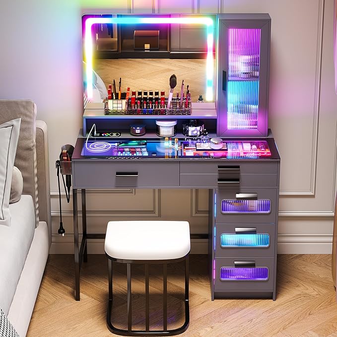 HENBC Vanity with Mirror and LED Lights, Glass Top Vanity Desk with Charging Station(Wireless+USB+Type-C), RGB Makeup Table Set with Stool/Makeup Organizer/6 Drawers for Bedroom,Grey
