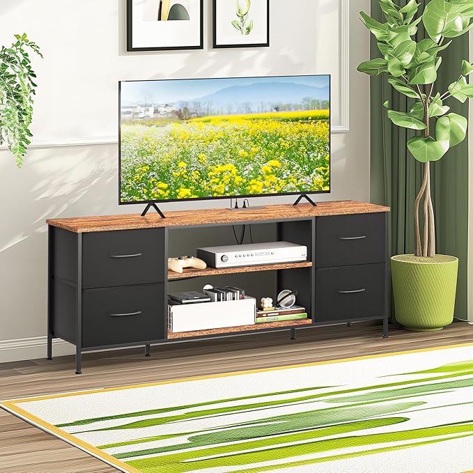 TV Stand for Bedroom, Television Stand for TV up to 55 Inch Entertainment Center Dresser with 4 Drawers Open Storage Shelves for Living Room, Entryway (Black and Rustic Brown)
