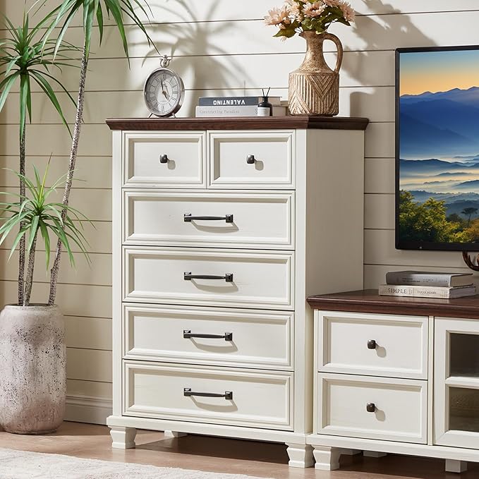 Farmhouse 6 Drawer Dresser for Bedroom, 45 Inch Tall Vintage Wood Chest of Drawers, Rustic Dressers w/Square Wooden Legs, Mid-Century Storage Organizer for Living Room, Hallway, White