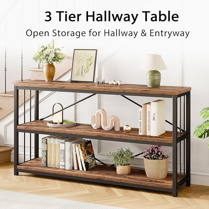 LVB Industrial Console Entryway Table, Metal Wood Rustic Sofa Table with Storage, Farmhouse 3 Tier Shelf Long Hallway Foyer Entry Tables Behind Couch for Home Living Room Entryway, Rustic Brown, 55 In