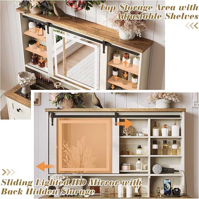 Farmhouse Makeup Vanity Desk with Sliding Mirror and Lights, 47'' Glass Tabletop Vanity Table with Charging Station, Large Vanity Set with Drawers, Stool, Barn Door Dressing Cabinets, White