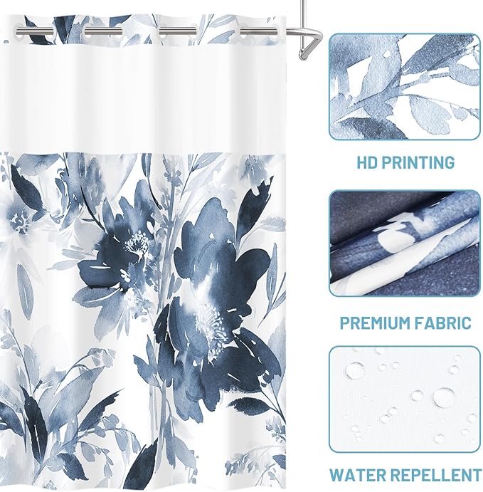 No Hook Shower Curtain with Snap in Liner - Floral Shower Curtain - Fabric Waterproof Inner Liner, Plants Navy Blue Flowers Modern Cloth Shower Curtains - Machine Washable, 54 x 80
