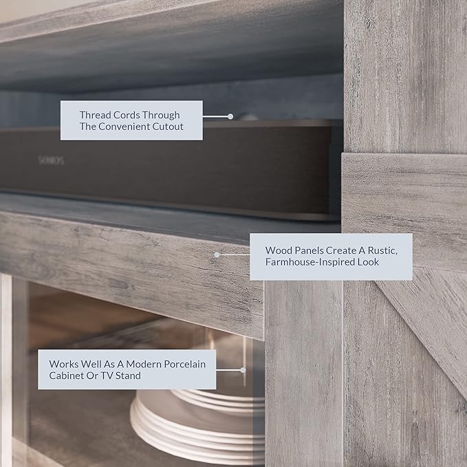 BELLEZE 65 Inch Modern Farmhouse Industrial Style Entertainment TV Stand for TVs Up to 70 Inches, Versatile Media Cabinet with Shelves and Storage - Veropeso (Gray Wash)