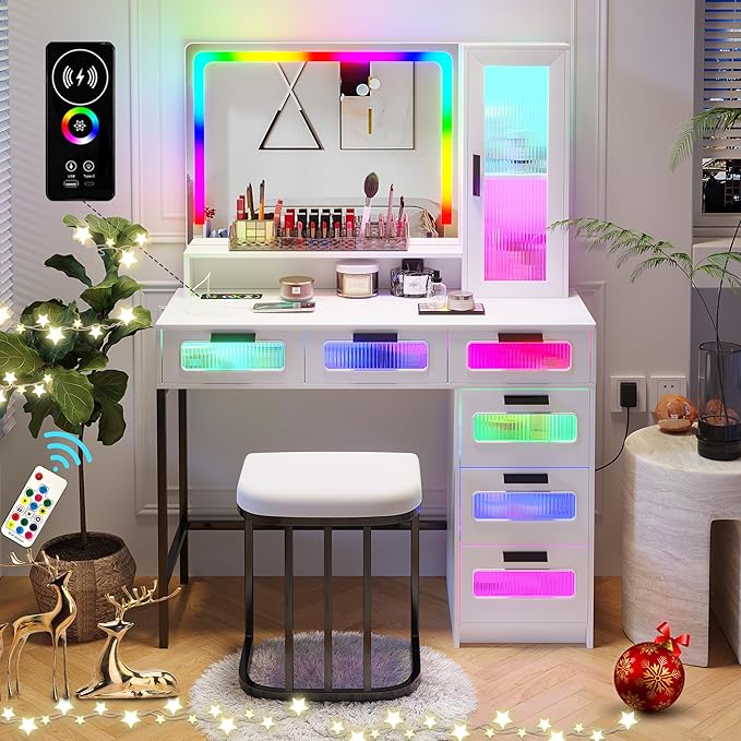 HNEBC RGB Vanity Desk with Mirror and Lights, LED Vanity Makeup Desk with USB/Wireless Charger Station, Vanities Dressing Table Sets with 6 Drawers/Cabins/Stool/Shelves for Bedroom&Cloakroom,White